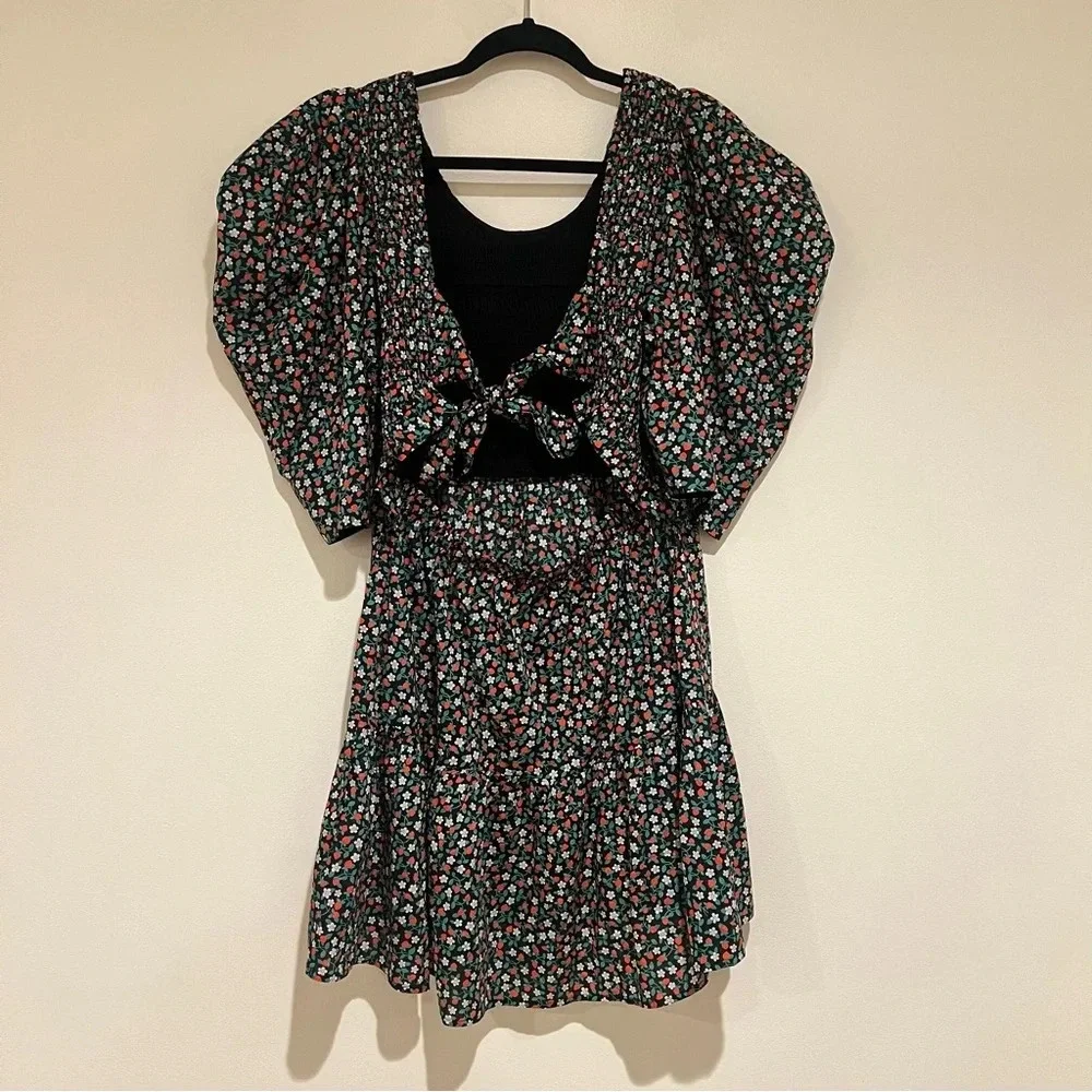 Sea New York Liberty Black Strawberry Print Tie Back Puff Sleeve Mini Dress L